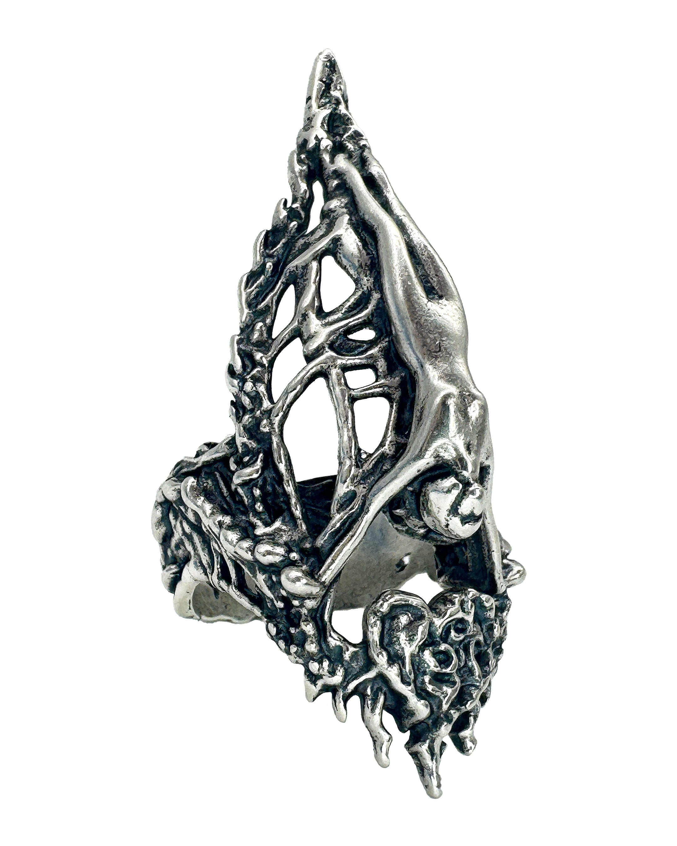 A sterling silver ring with a intricate design resembling armor and an angelic figure, featuring a textured and raised pattern.