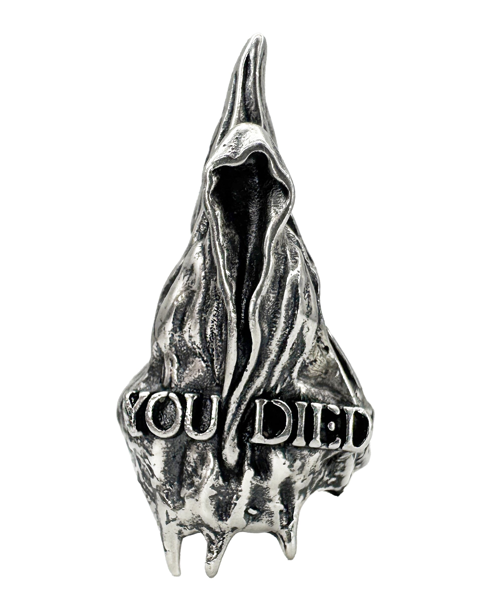 A silver ring with an oxidized finish featuring a hooded figure design with the text 'YOU DIED' engraved on it.