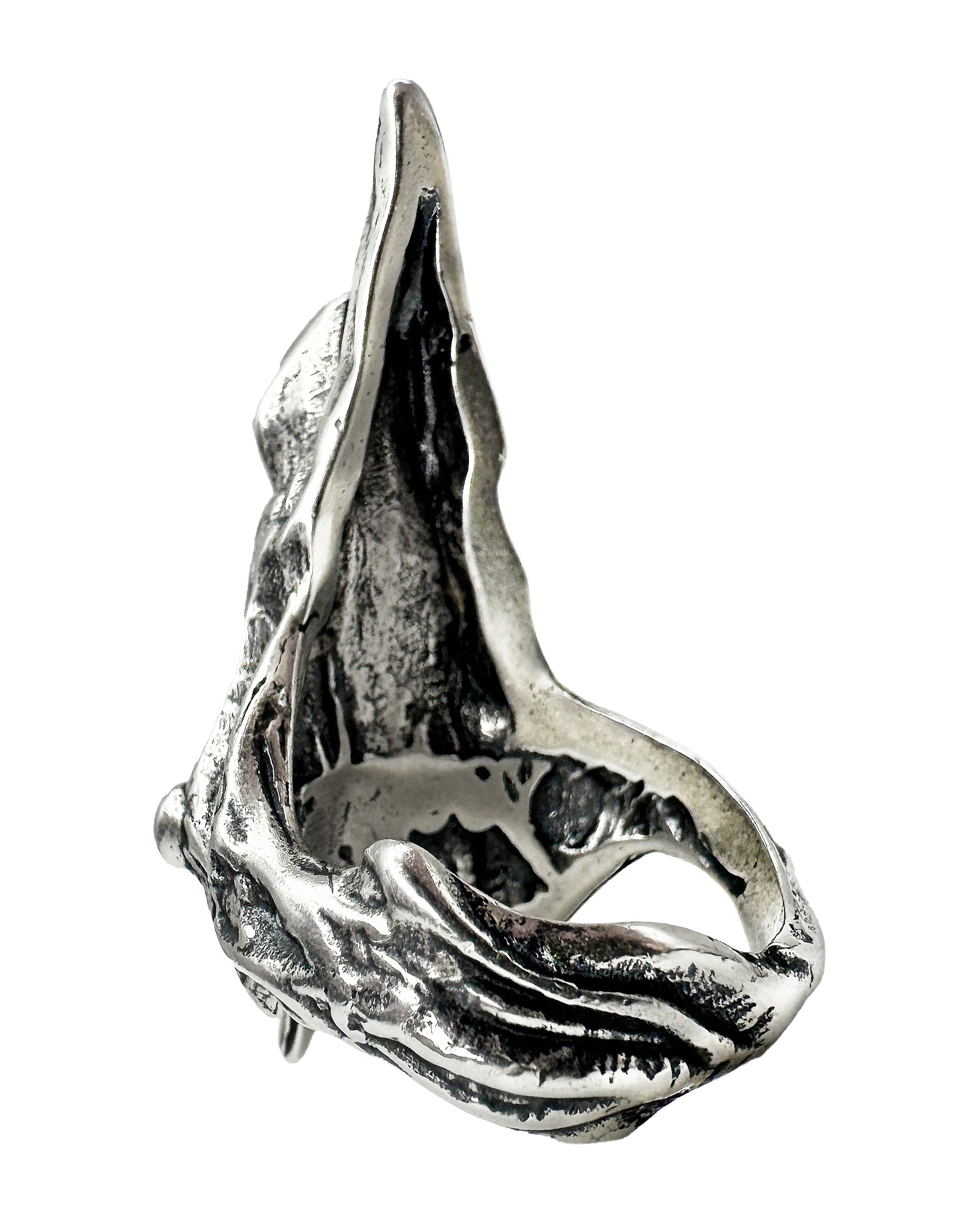 The inside of a tall, silver ring with an oxidized finish featuring a hooded figure design with the text 'YOU DIED' engraved on it.