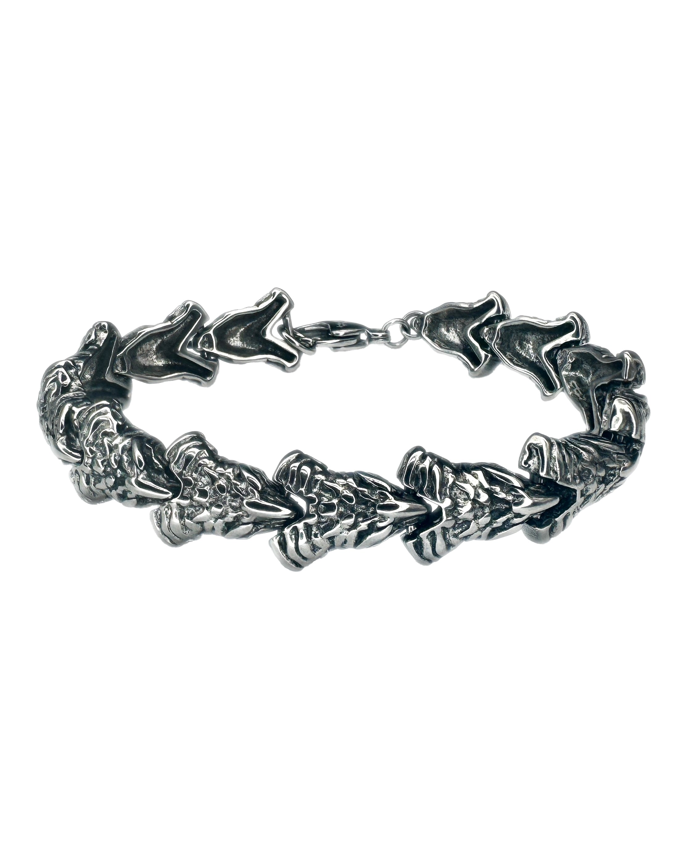A silver bracelet with a geometric pattern featuring a combination of linked shapes, displayed against a white background.