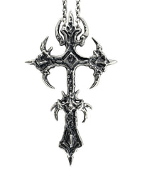 A sterling silver necklace with a intricate black and silver cross pendant.
