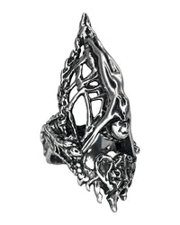A steel ring with a intricate design resembling armor and an angelic figure. 