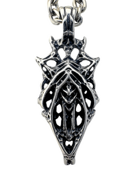 A sterling silver necklace with a geometric web-like pendant design featuring a symmetrical yet chaotic structure.
